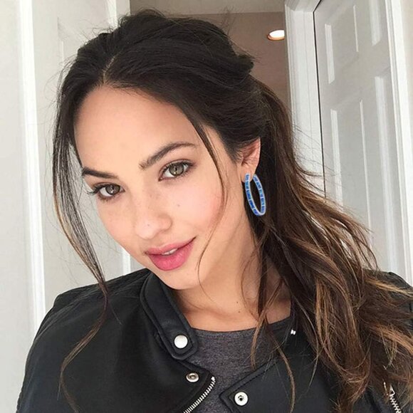 Opal Hoop Earrings Rhodium Plated Blue Fire Opal Women Jewelry Gift Box - Picture 4 of 7